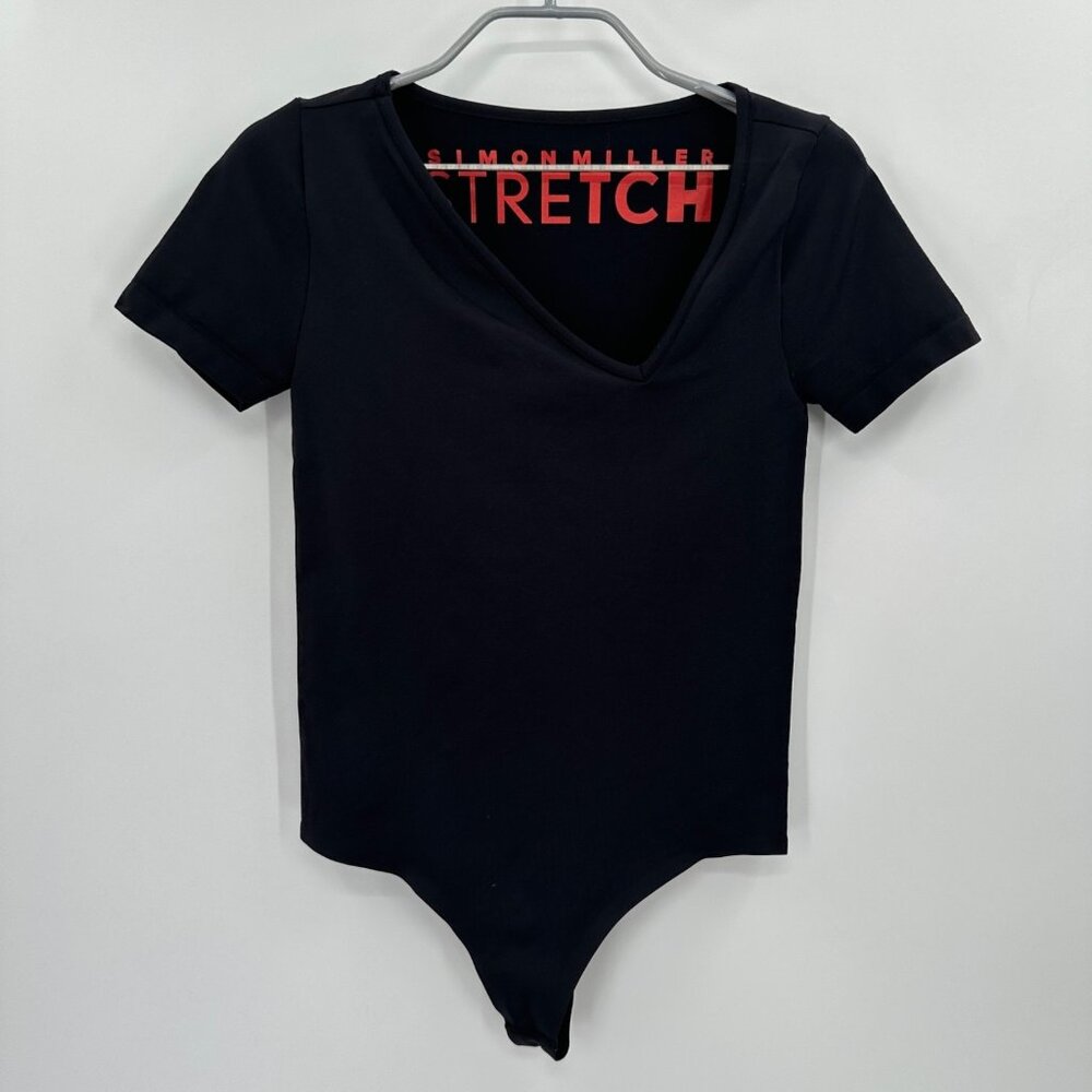 Simon Miller Black Juri Asymmetric V-Neck Bodysuit size M/L Short Sleeve Thong
